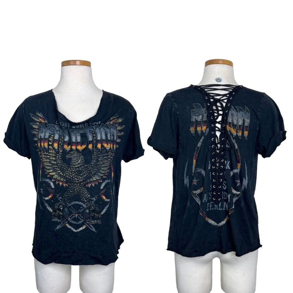 Affliction Distressed Graphic Relaxed Fit Faux Back Lace Up Tee T-Shirt Large